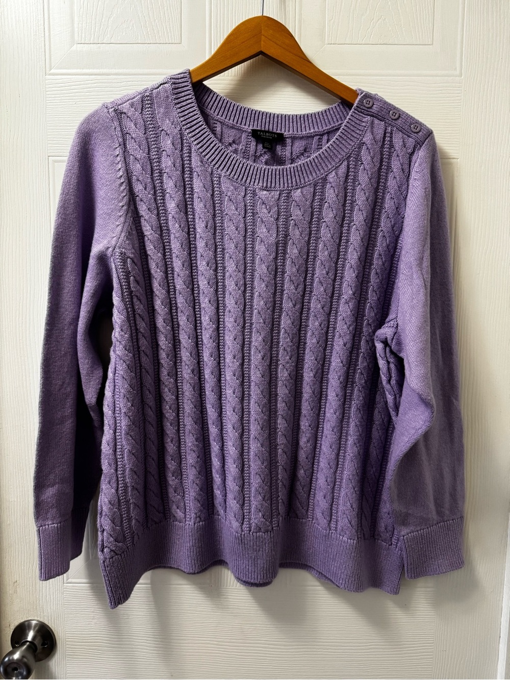 Talbots Lavender Cable-Knit Crewneck Sweater with Shoulder Buttons